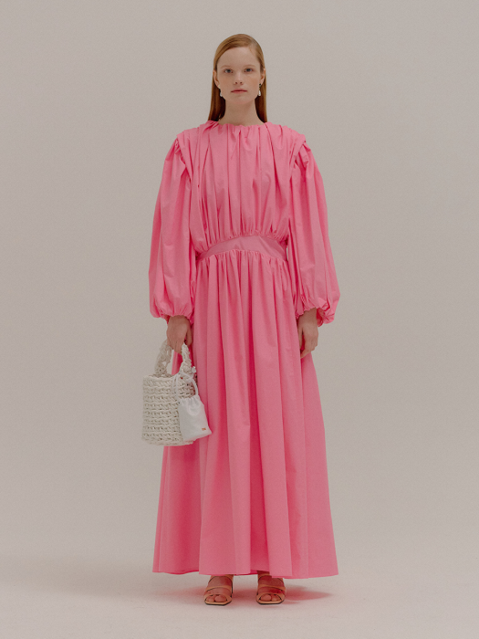 POMPEE Pink Cotton Shirred Maxi Dress