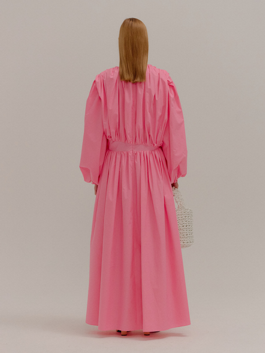 POMPEE Pink Cotton Shirred Maxi Dress