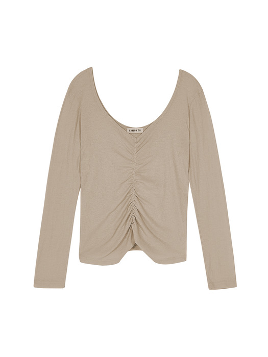 V-NECK SHIRRING T-SHIRT (BEIGE)