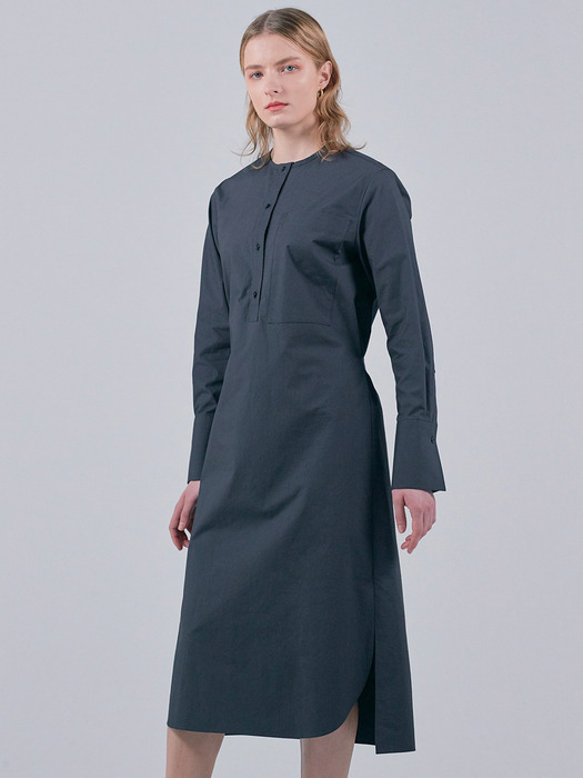 COTTON BELTED SHIRT DRESS - DARK GREY