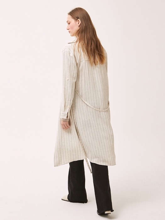 Linen Stripe Collar Shirt Dress - Beige