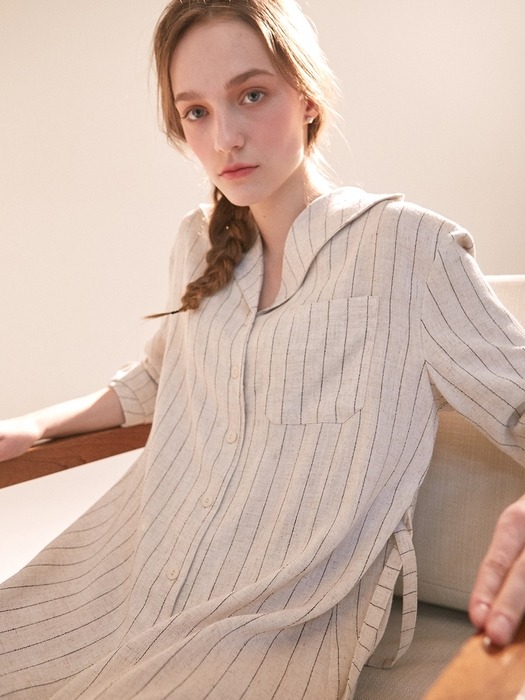 Linen Stripe Collar Shirt Dress - Beige