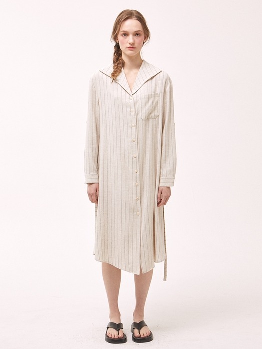 Linen Stripe Collar Shirt Dress - Beige