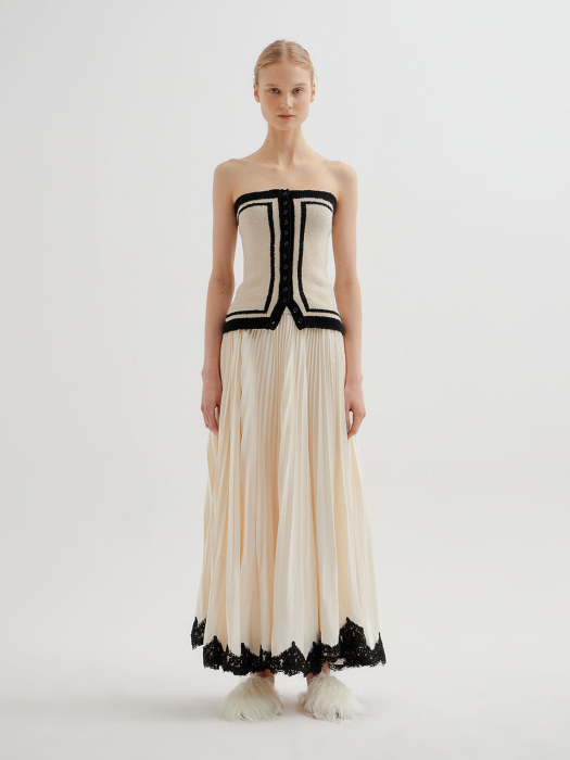 TOVEL Lace Trim Pleated Skirt - Ivory/Black