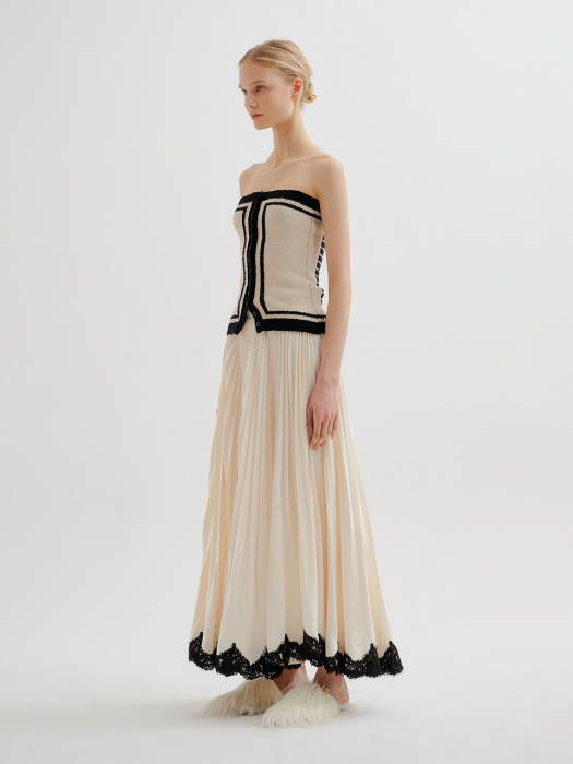 TOVEL Lace Trim Pleated Skirt - Ivory/Black