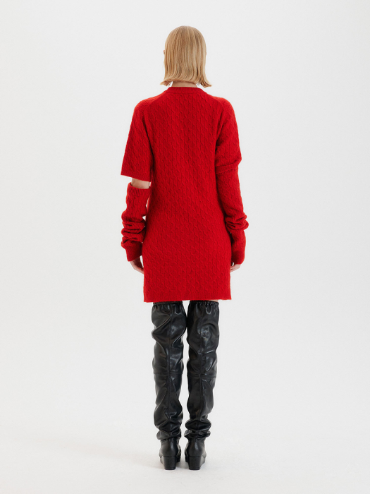 TWIGGY Cable Knit Mini Dress with sleeve warmers - Red