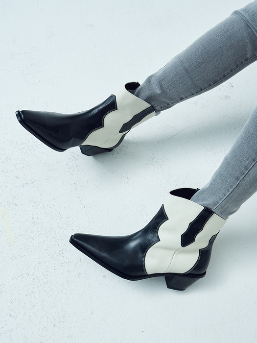 Enty western ankle boots(Black&Ivory)