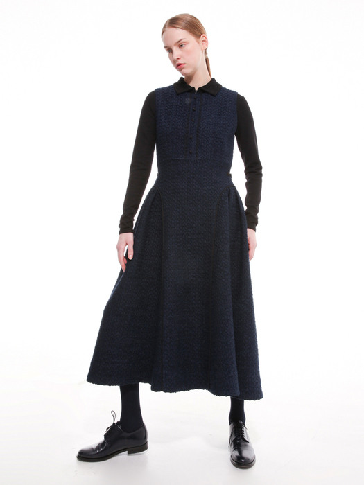 Midnight blue tweed maxi dress with belt