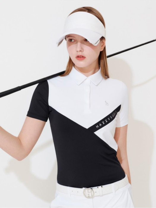 [22SS 헤지스 골프 여성]블랙 컬러 블록 반팔 카라 티셔츠_HWTS2B911BK