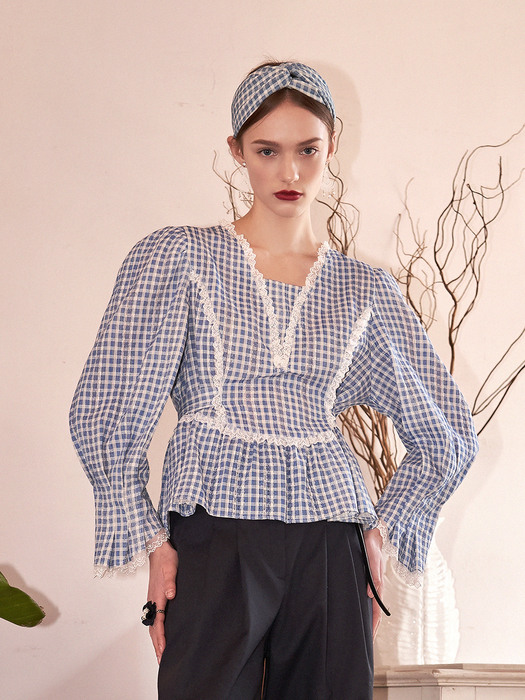 Check lace line Puff Blouse