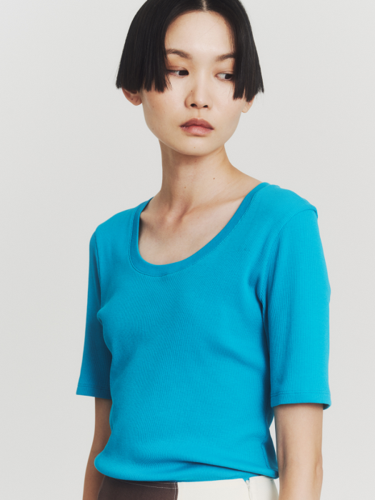 TURQUOISE BLUE U-NECK JERSEY TOP