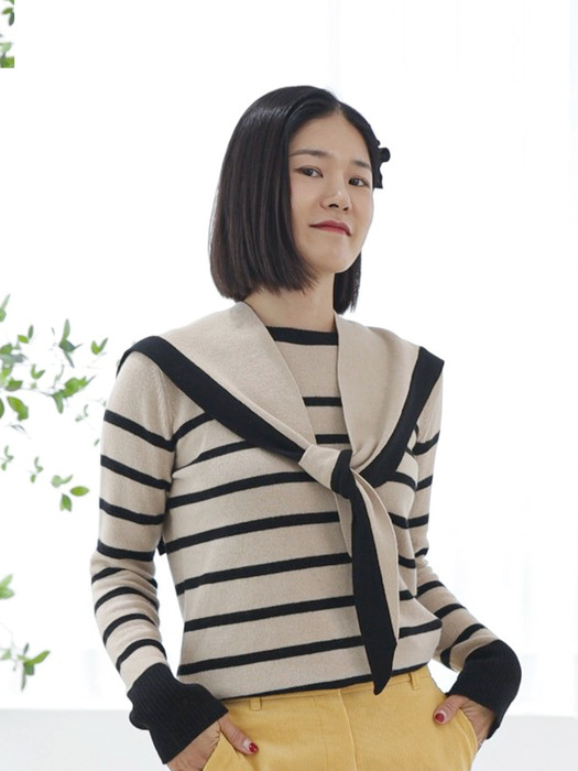 Stripe Scarf Pullover - Beige
