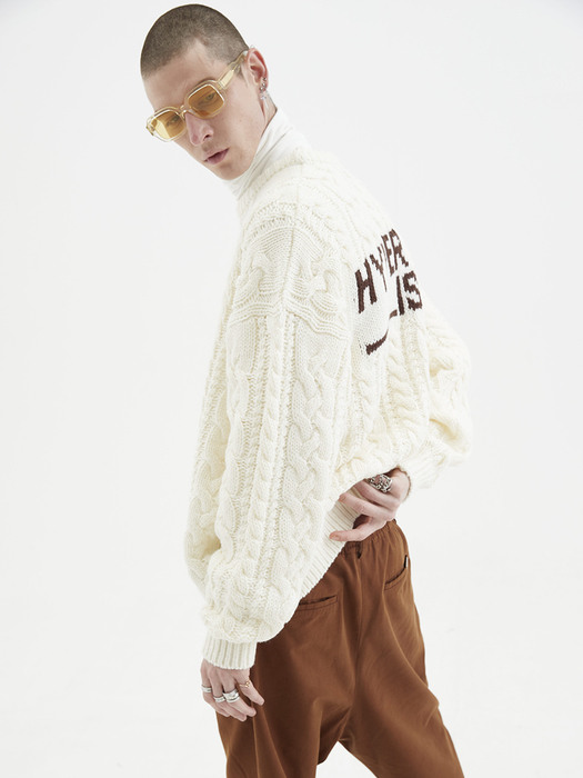 [UNISEX] Lettering Cable Knit Sweater Ivory