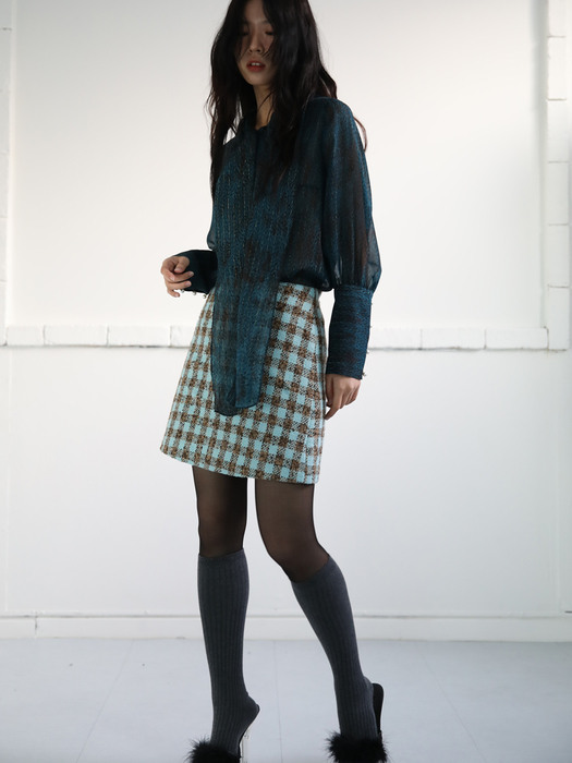 Gingham Tweed A Line Skirt_Blue