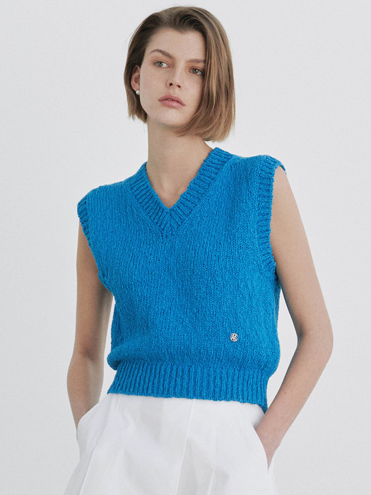 Boucle V-neck Knit Vest  / Aqua blue