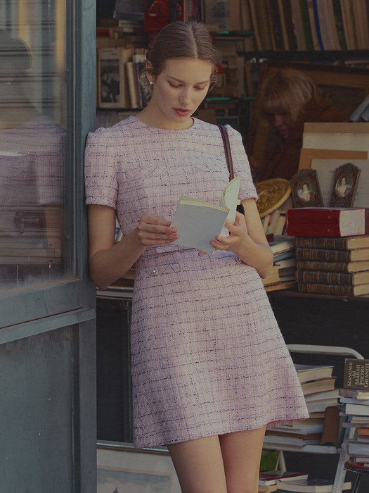 LINDSAY Round neck semi A-line tweed mini dress (Minty blue&White/Deep navy/Pink)