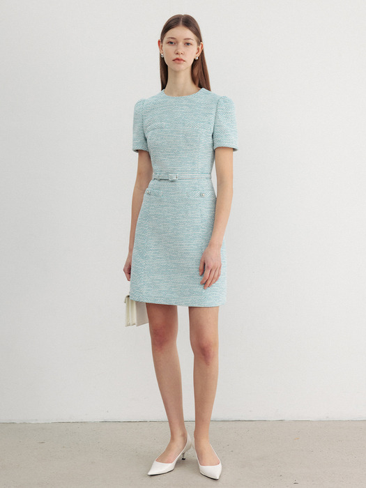 LINDSAY Round neck semi A-line tweed mini dress (Minty blue&White/Deep navy/Pink)