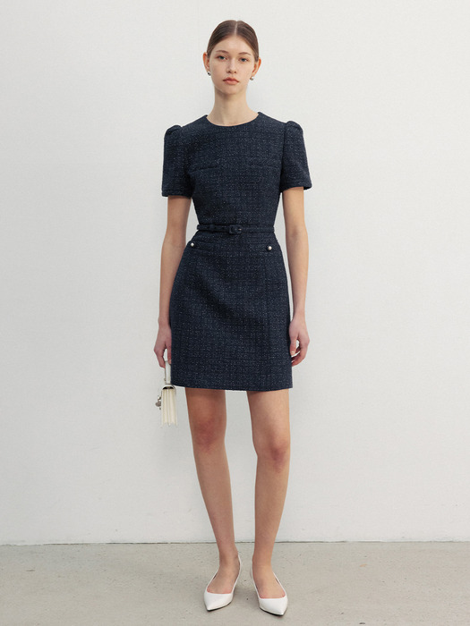 LINDSAY Round neck semi A-line tweed mini dress (Minty blue&White/Deep navy/Pink)