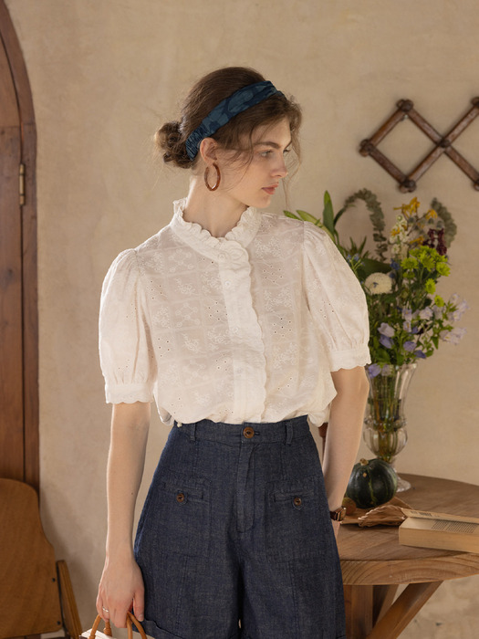 ELSY embroidery frill neck shirt_2colors