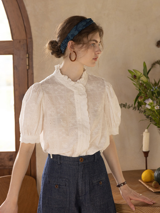 ELSY embroidery frill neck shirt_2colors