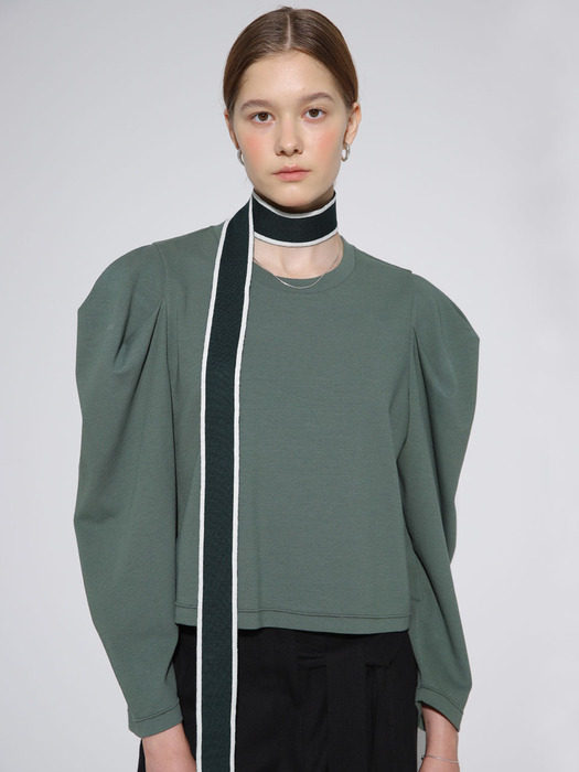 Volume Sleeve Crop Sweatshirt_Olive Green
