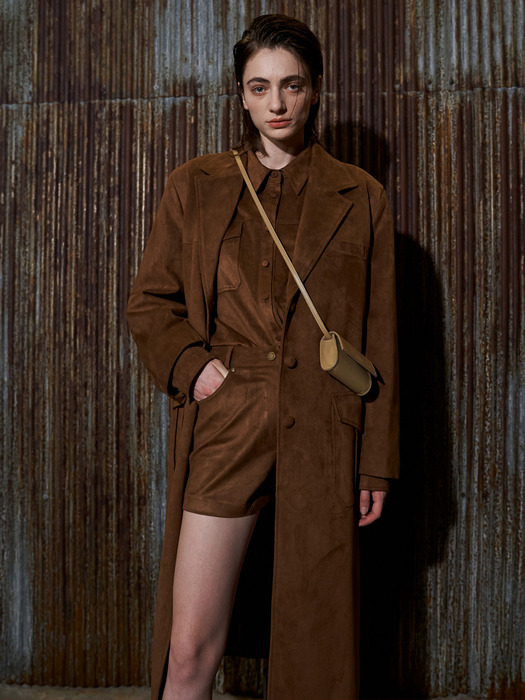 Single-Breasted Suede Coat Brown
