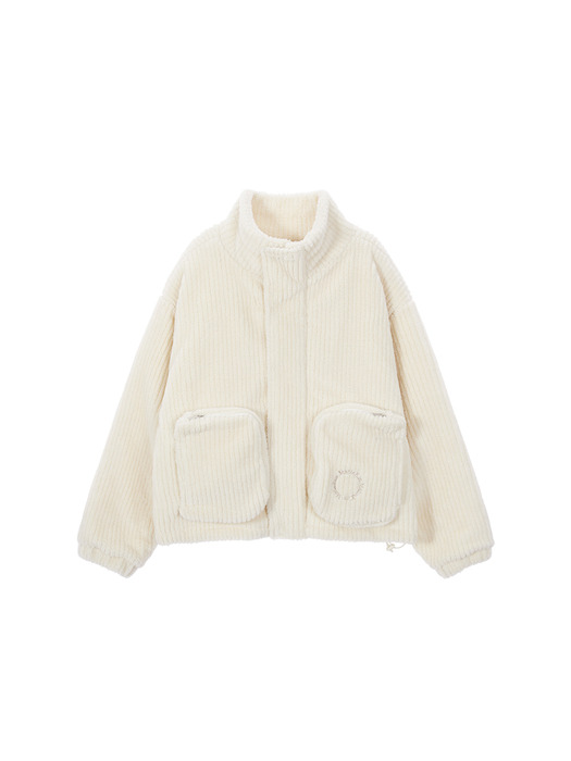 OUT POCKET FUZZY PUFFER JUMPER IN IVORY