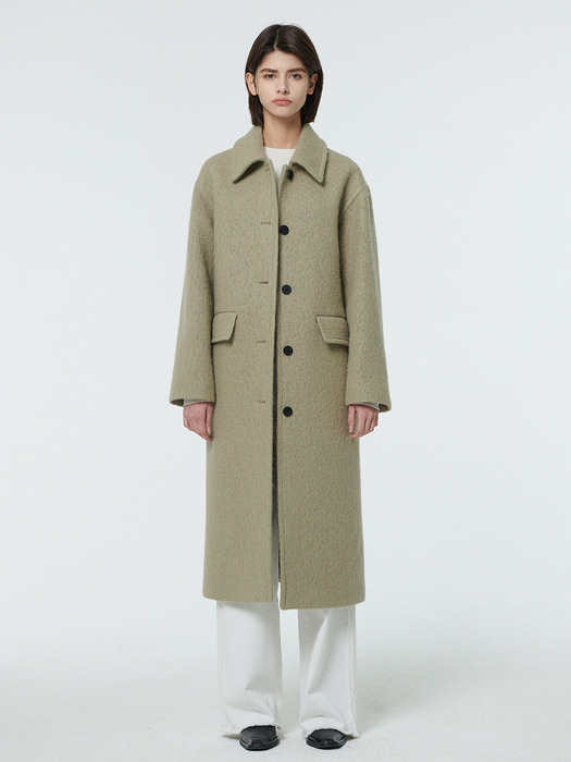 Boucle wool single collar coat - Khaki gray