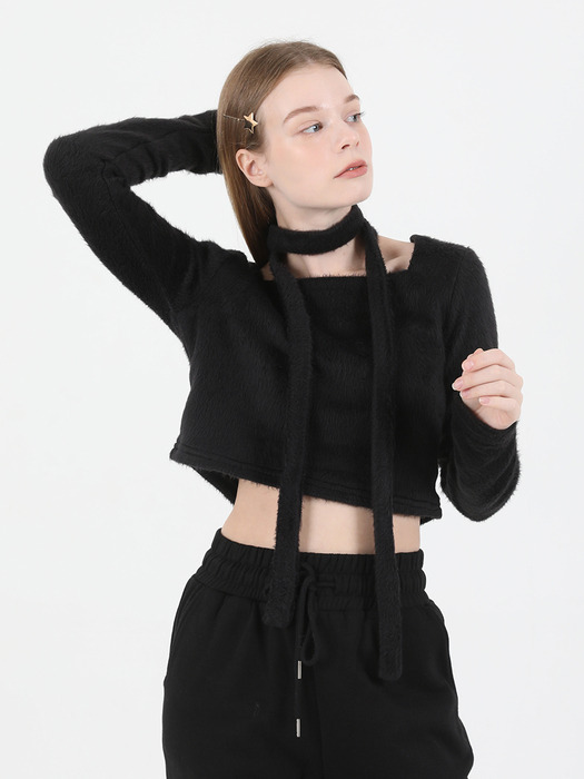 Square Neck Fur Knit T-shirt Muffler Set (Black)