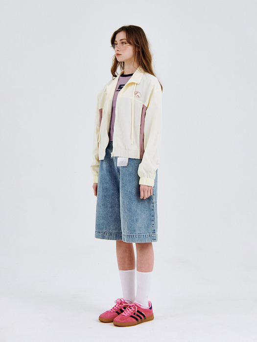 Color block string two-way embroidered track zip-up jacket [cream]