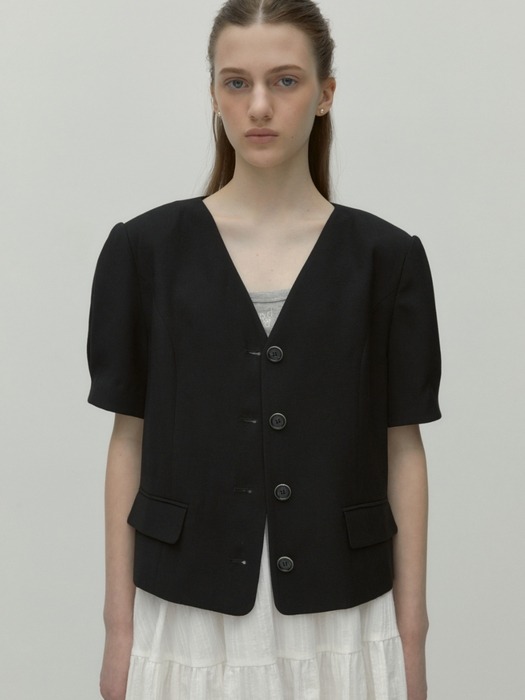collarless jacket - black