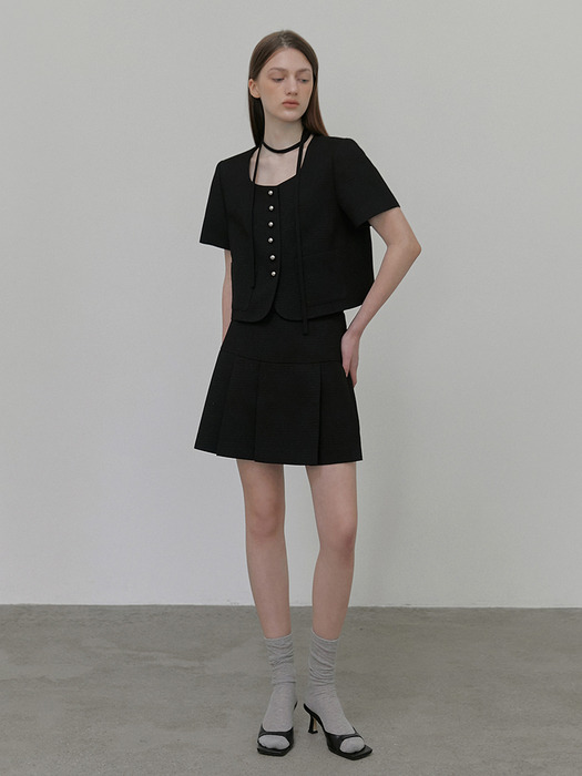 Pleats Tweed Mini Skirt, Black