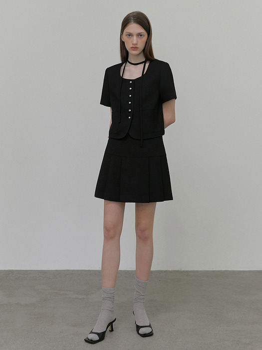 Pleats Tweed Mini Skirt, Black