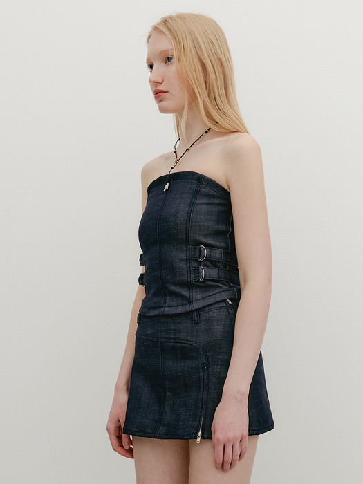 BELTED DENIM TUBE TOP - RAW INDIGO