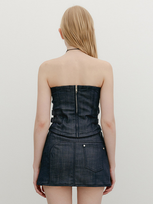 BELTED DENIM TUBE TOP - RAW INDIGO