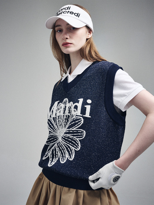 JACQUARD KNIT VEST MARDI FLOWER_NAVY IVORY