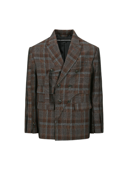 SOE CHECK WRAP DOUBLE BREASTED JACKET awa628m(BROWN)