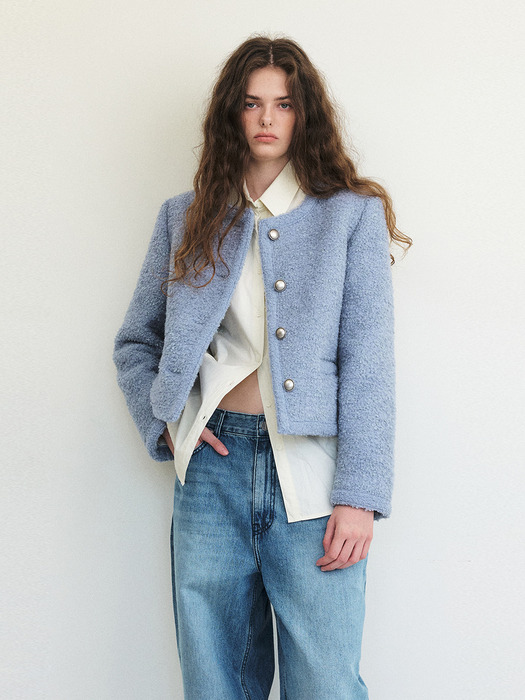 Trimmed Tweed Fur Jacket, Sky Blue