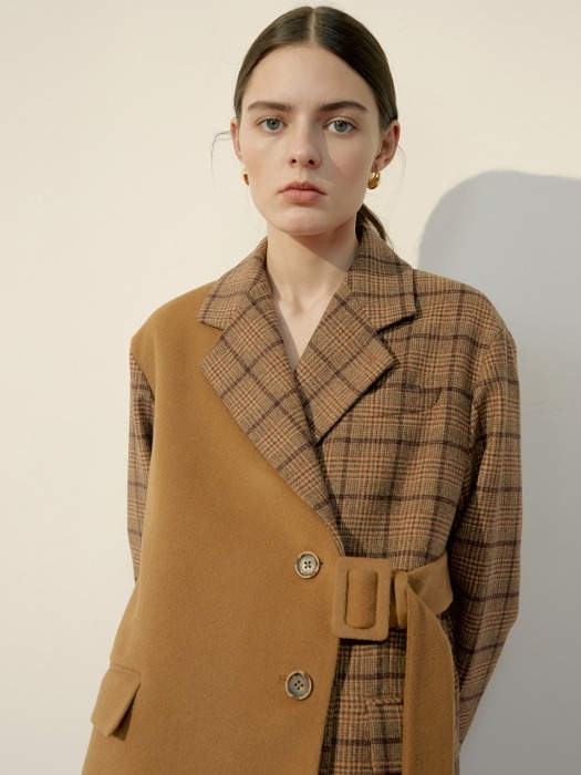 Brown Check & Camel Mix Asymmetric Wool Coat 