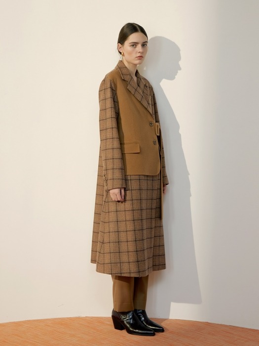 Brown Check & Camel Mix Asymmetric Wool Coat 