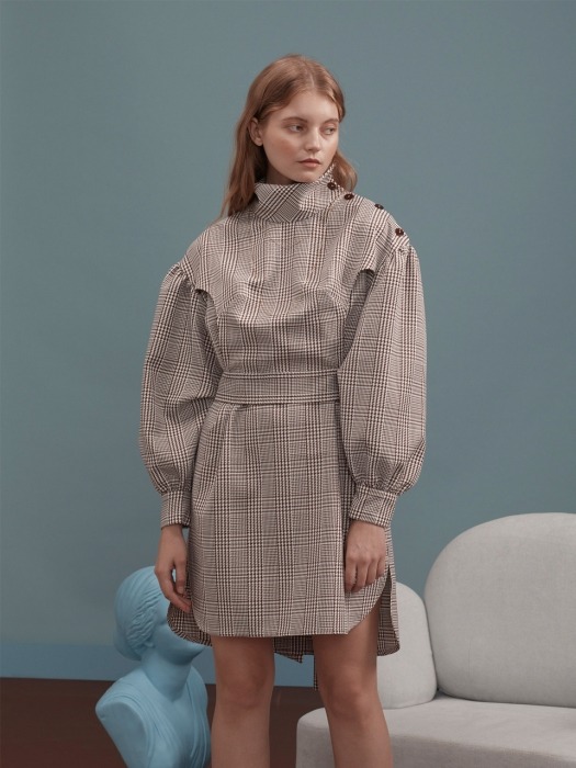 Brown Check Shirt Dress with Button Details