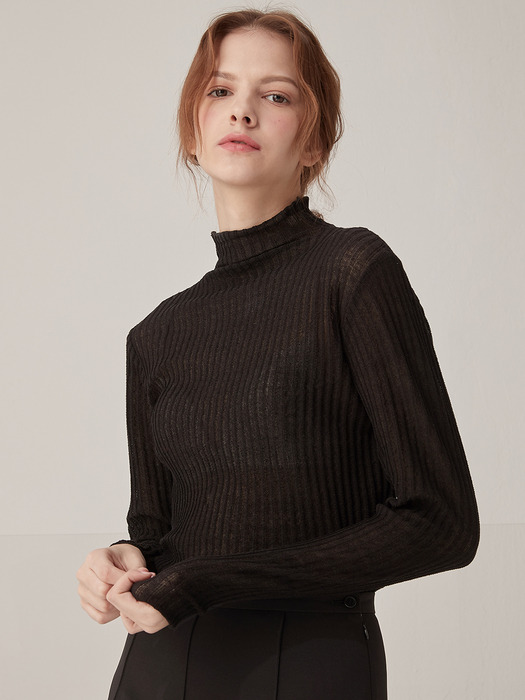 Ribbed half neck knit top - Black