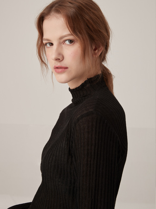 Ribbed half neck knit top - Black