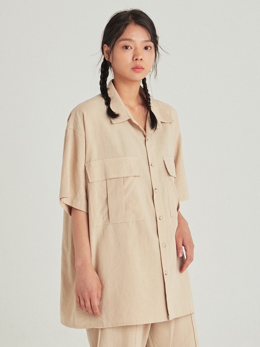 SAFARI LINEN HALF SHIRT_LIGHT BEIGE