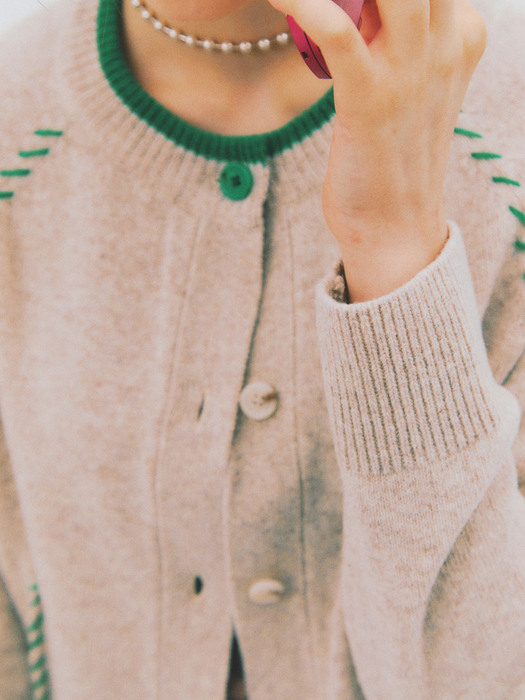 [EXCLUSIVE] Hand Stitch Knit Cardigan oatmeal & green