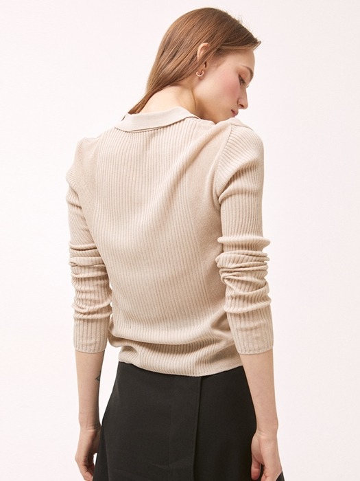 Ribbed Line Collar Cardigan - Beige