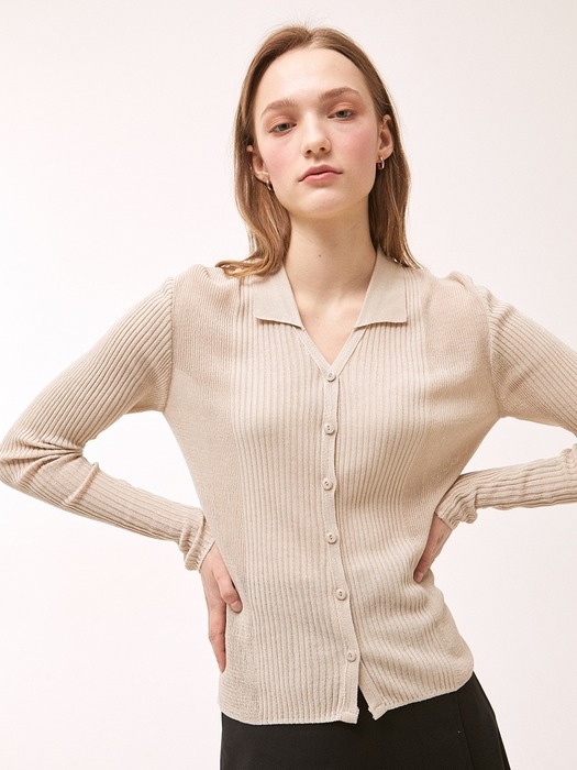 Ribbed Line Collar Cardigan - Beige