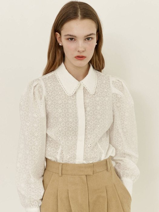 SARABONG Puffed long sleeve eyelet blouse (White)