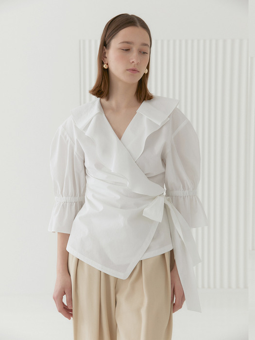 ROSIE_Ruffle Collar Cotton Wrap Blouse_White