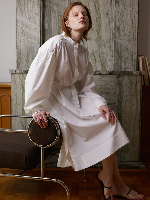 ANGELA SHIRRING SHIRT DRESS - WHITE 